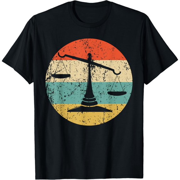 Law Scales of Justice Silhouette Retro Lawyer Judge T-Shirt men and women can wear, black, white, gifts