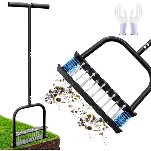 Lawn Aerator, Automatic Dirt and Leaf Clean Design, Heavy Duty Manual Lawn Aerator Tool with 14 Iron Spikes, Soil Lawn Aerating Tools for Yard Lawn and Garden, Aerator Spikes aerating Tool (Black)