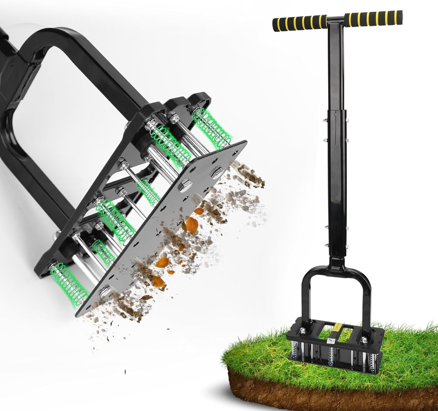 Lawn Aerator, Automatic Dirt and Leaf Clean Design, Reinforced Plastic Shell, Heavy Duty Manual Lawn Aerator Tool with 15 Iron Spikes, Height Adjustable Aerator for Lawn(Armor Black)