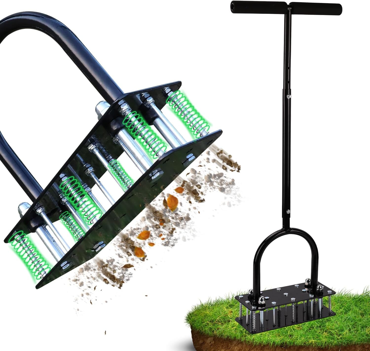Lawn Aerator, Automatic Dirt and Leaf Clean Design, Heavy Duty Manual Aerator Tool with 15 Iron Spikes, Height Adjustable, Yard Grass for Lawn(Black)