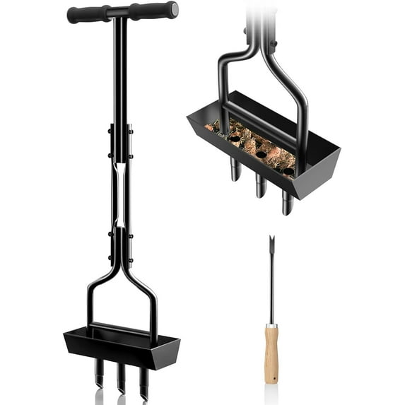 Lawn Aerator Coring Tool, Manual Aerator Lawn Tool with Soil Storage Basket, 3 Core Tines Yard Aeration Tools with Cleaning Tool, Plug Aerator for Compacted Soil & Lawn Care