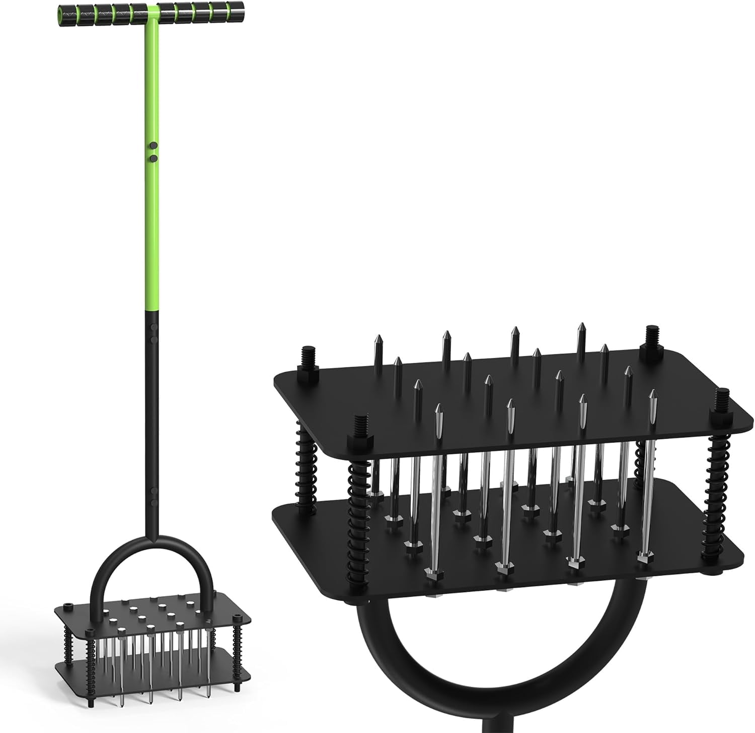 Lawn Aerator Manual Tool with 16 Spikes, Metal Grass for Yard, Aeration, Automatic Dirt Clean Soil Loosening & Yard Pre-Assembled (Black Green)