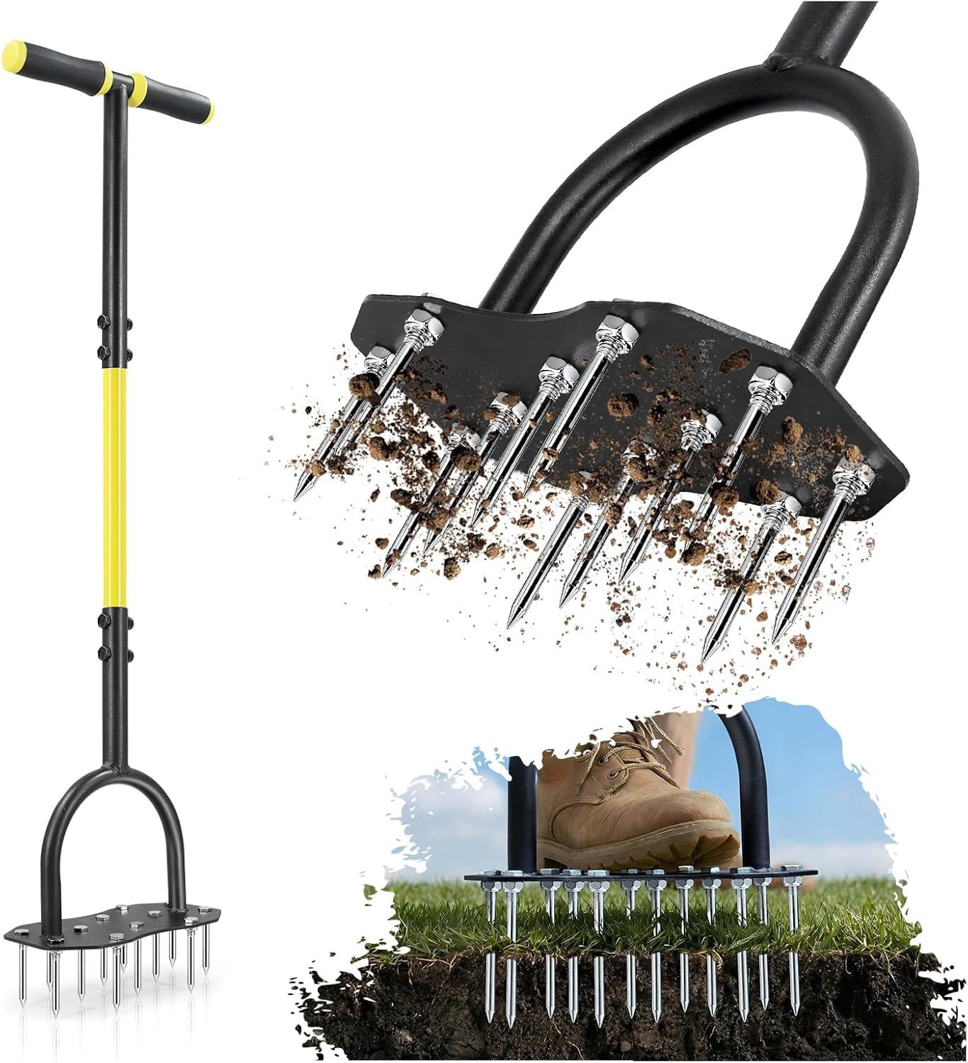 Lawn Aerator Spike Tool, 36" Manual Yard Aeration Tool with 12 Thickened Steel Spikes, Pre-Assembled Grass for Soil Loosening & in Lawn, and Garden