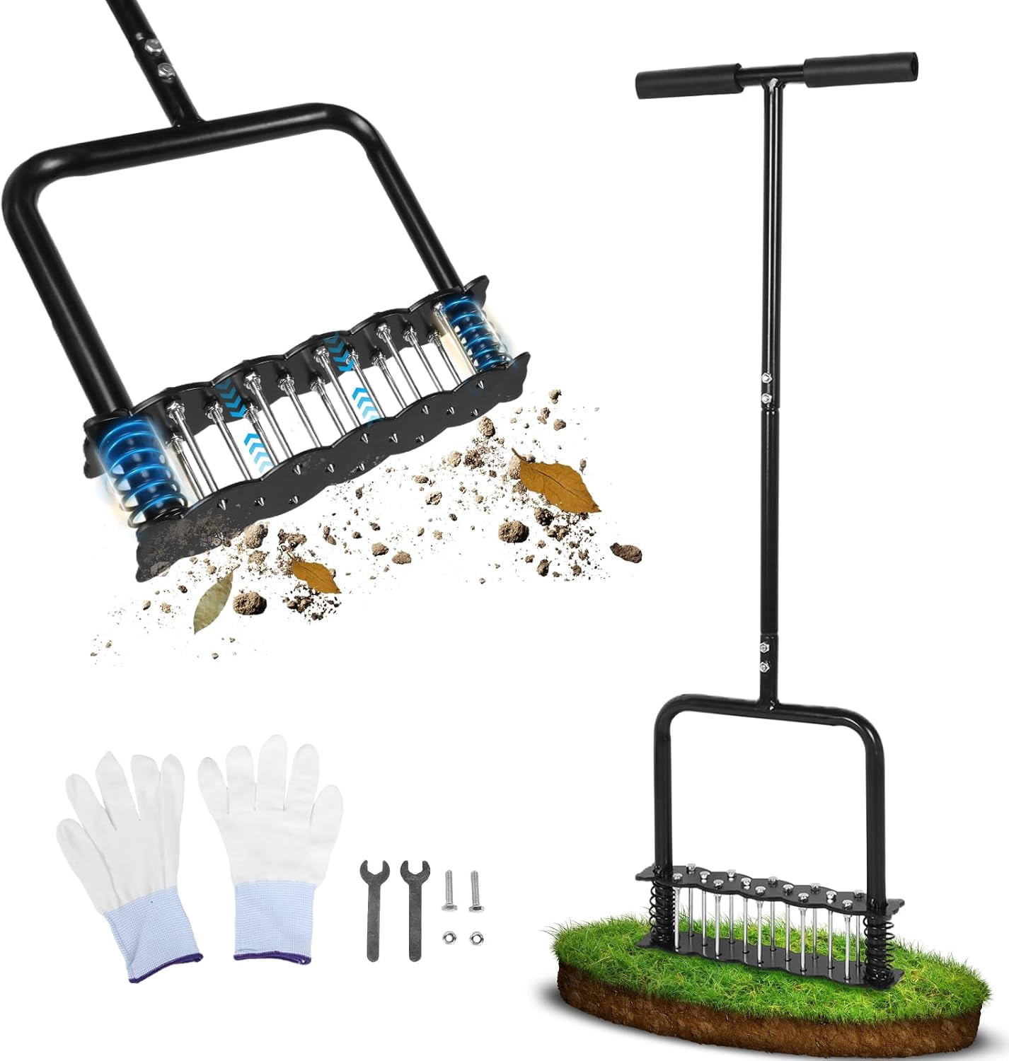 Lawn Aerator Tool with 14 Metal Spikes – Manual Yard Spring Base & Auto Leaf Cleaning for Soil Aeration, Care, Grass Health Heavy Duty Garden, Backyard, Patio