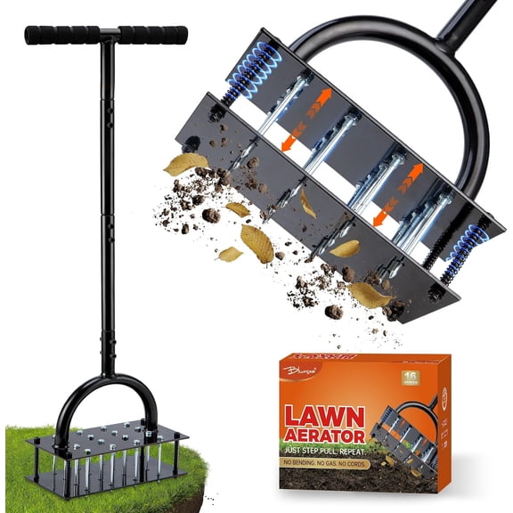 Lawn Aerator Tool - 16 Iron Spikes with Ergonomic T-Handle, Automatic Dirt Clean for Soil Loosening & Yard Aeration, Manual Metal Grass Aerator (Black)