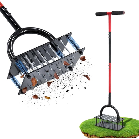 Lawn Aerator Tool, 16 Iron Spikes Manual Grass Aerator Lawn Tool with Spring- Design & Adjustable T-Handle, Automatic Leaf and Dirt Cleaning Yard Aerator for Loosening Soil Aerating Patio Garden