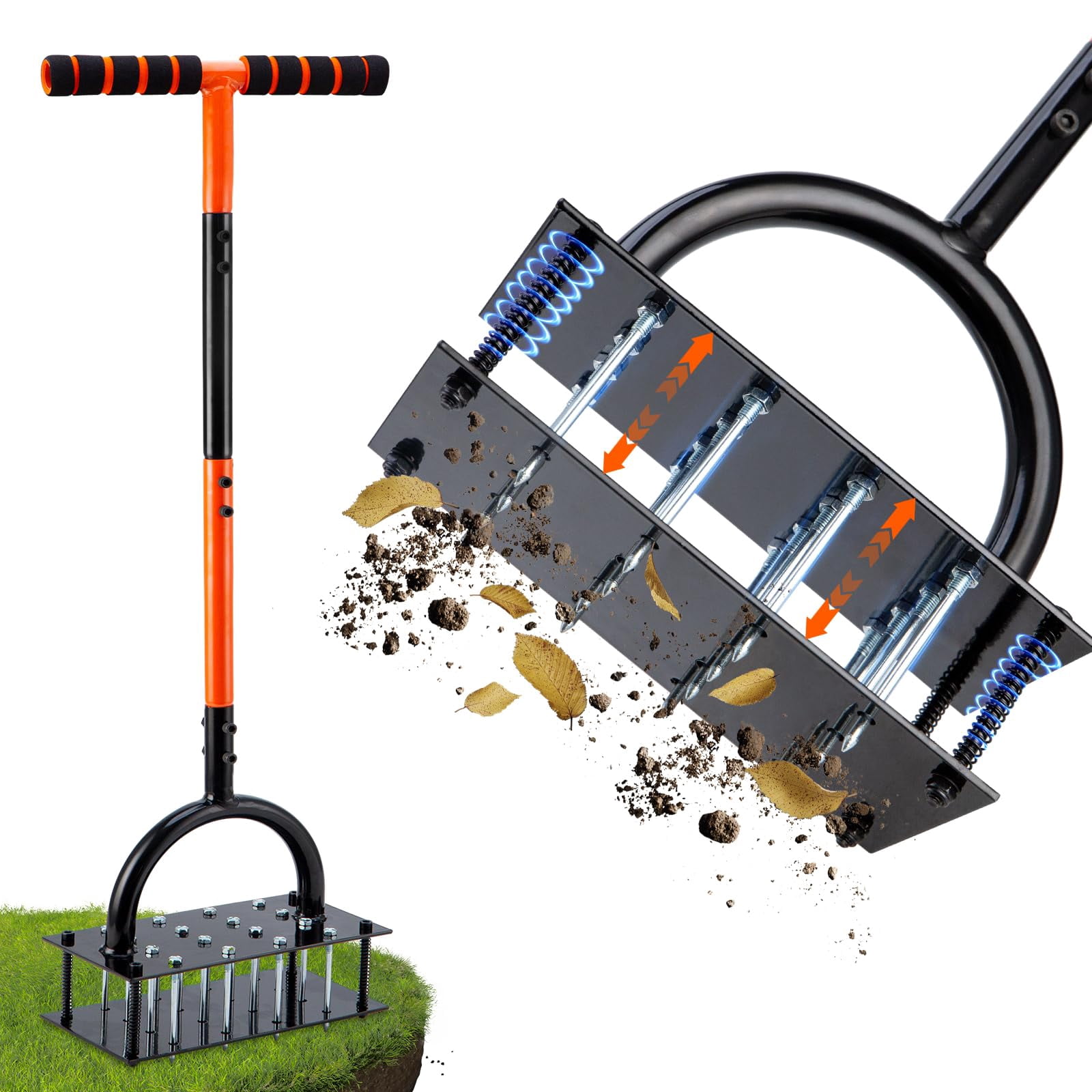 Lawn Aerator Tool - 16 Iron Spikes With T-handle  Automatic Dirt Clean For Soil Loosening & Yard Aeration Manual Metal Grass (black Orange)