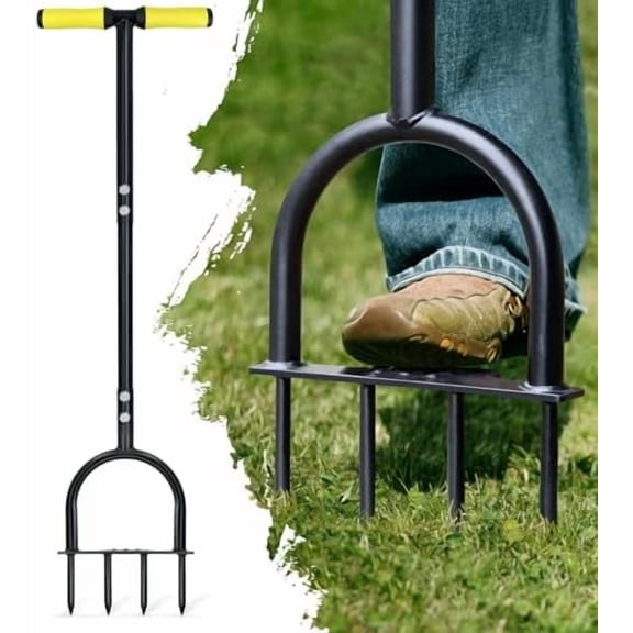 Lawn Aerator Tool 38inch, Heavy Duty Grass Spike Aerator for Compacted Soil Aeration, Manual Lawn Air Aerators Tool with,Wide Foot Plate, Rugged Steel Spikes 3.5 in Length, 2/5 in Dia.