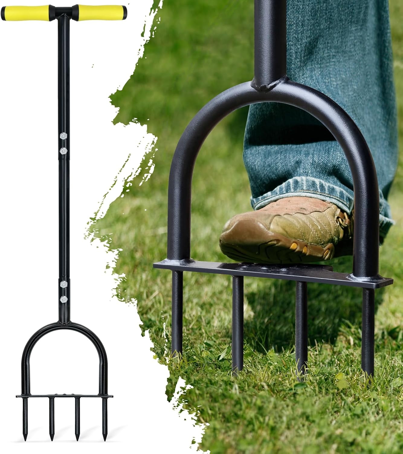 Lawn Aerator Tool 38inch, Heavy Duty Grass Spike Aerator for Compacted Soil Aeration, Manual Lawn Air Aerators Tool with,Wide Foot Plate, Rugged Steel Spikes 3.5’’ in Length, 2/5’’ in Dia.
