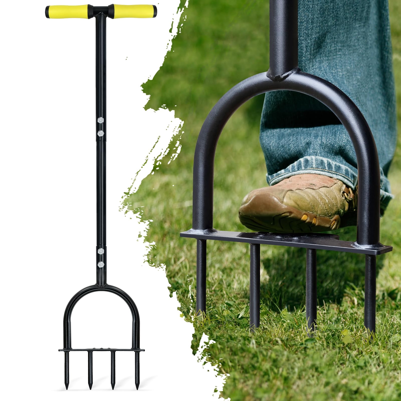 Lawn Aerator Tool 38inch  Heavy Duty Grass Spike For Compacted Soil Aeration Manual Air Aerators With Wide Foot Plate Rugged Steel Spikes 3.5'' In Length 2/5'' Dia.