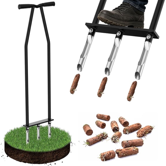 Lawn Aerator Tool, Manual Core Lawn Aerator with 3 High Strength Stainless Steel Tines, Less Prone to Clogging Heavy Duty Grass Aerating Tool for Keep Your Lawn and Garden