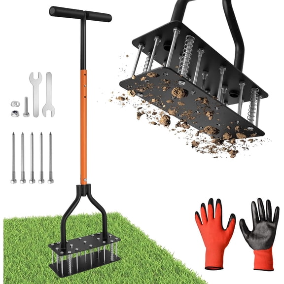 Lawn Aerator Tool, Manual Lawn Aerators with Padded T-Handle, 15 Solid Steel Spikes, Dual-Layer Design for Aeration in Lawn, Yard, Garden Soil (Include Gloves)