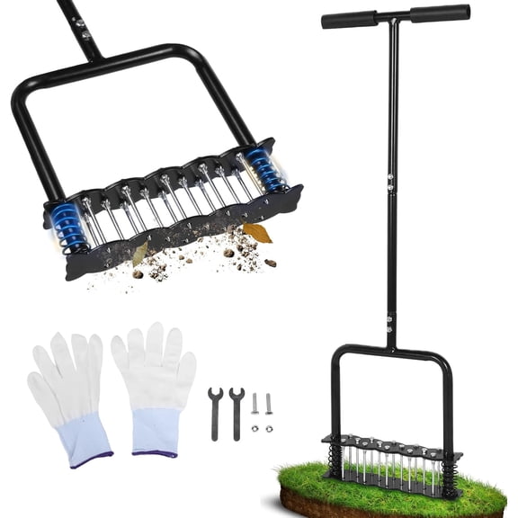 Lawn Aerator Tool,Manual Stainless Steel Spike Aerator Lawn Tool with Spring Base, Automatic Dirt and Leaf Clean Design, Adjustable T-Handle, Soil Loosening, Yard Aerating, Garden Tool Black