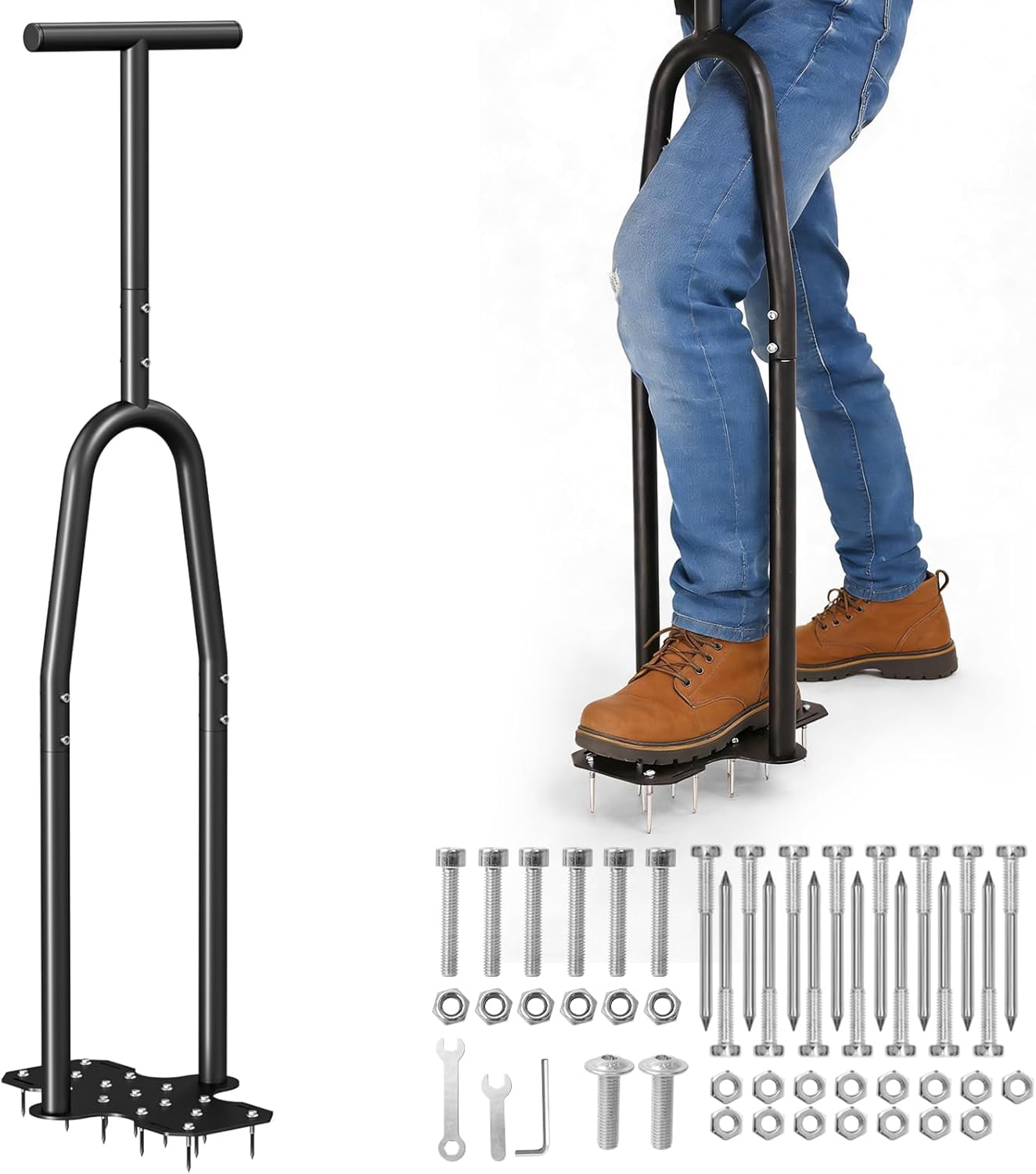 Lawn Aerator Tool, Step-Through Design Manual Yard Aerator, Full Foot Pedal for Joint-Friendly, Ergonomic Leg Force Grass & Soil Aeration, Garden Care, 15 Spike Hand