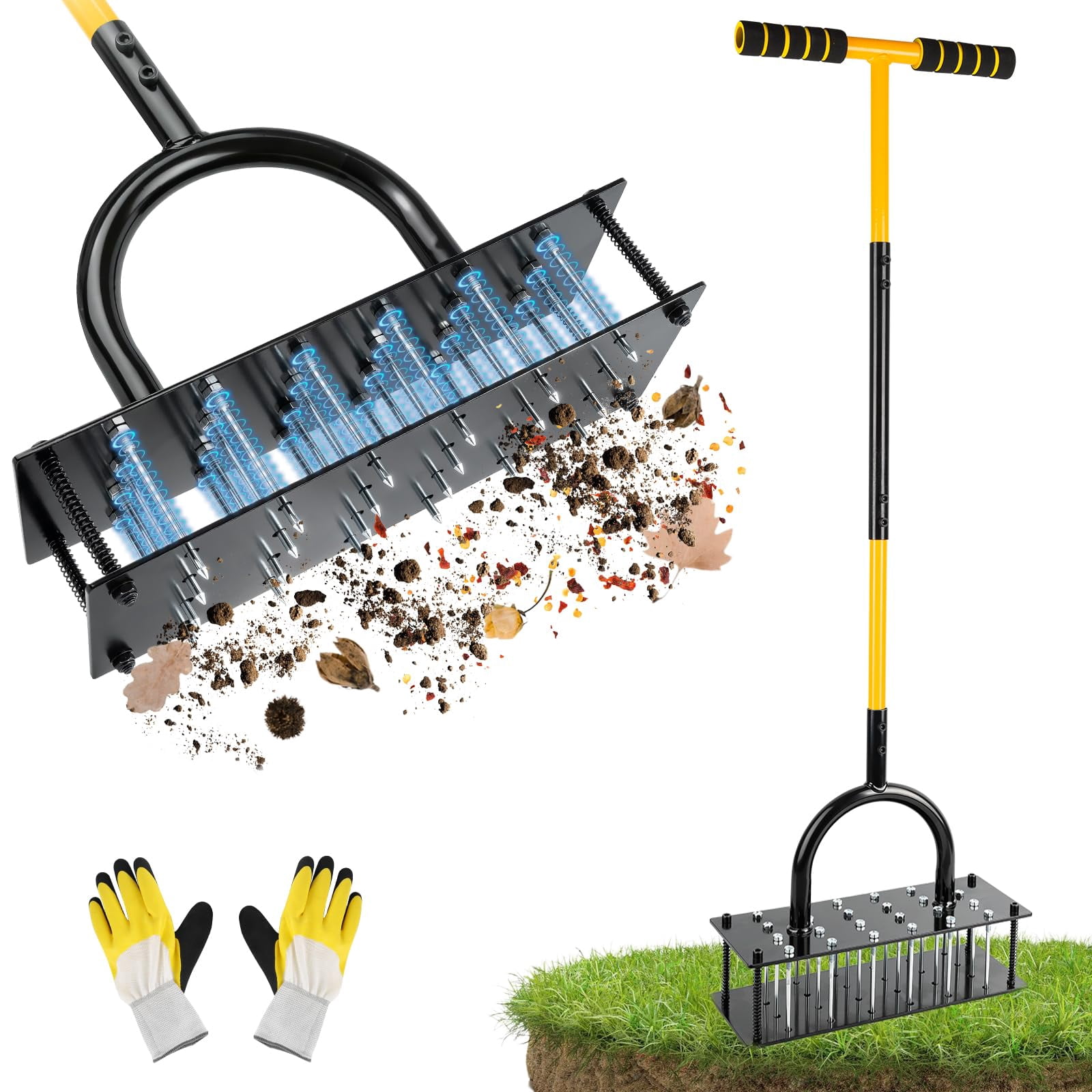 Lawn Aerator Tool With 24 Steel Spikes  Grass Tools Spring-loaded Design & Adjustable T-handle Pre-assembled Hand For Courtyard And Garden