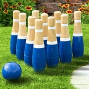 Lawn Bowling Game/Skittle Ball- Indoor and Outdoor Fun for Toddlers, Kids, Adults – 10 Wooden Pins, 2 Balls, and Mesh Bag Set by Hey! Play! (8 Inch)