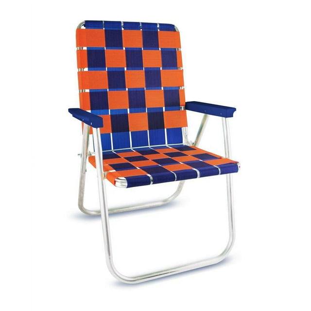 Lawn Chair USA Classic Folding Aluminum Webbed Chair | Blue/ Orange with Blue Arms