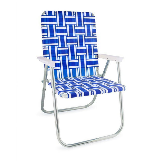 Lawn Chair USA Classic Folding Aluminum Webbed Chair | Blue/ White with White Arms