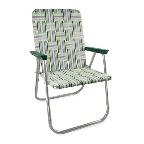 Lawn Chair USA - Classic Folding Aluminum Webbed Chair - Durable, Portable, and Comfortable Outdoor Chair - Ideal for Camping, Sports, and Concerts -Spring Fling with Green arms
