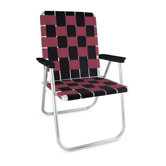 Lawn Chair USA - Classic Folding Aluminum Webbed Chair - Durable, Portable, and Comfortable Outdoor Chair - Ideal for Camping, Sports, and Concerts - Black and Burgundy with White arms
