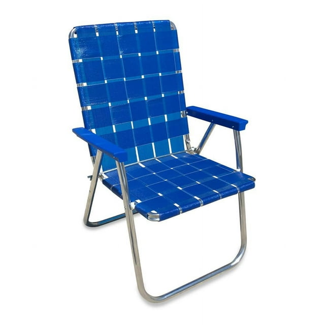 Lawn Chair USA - Classic Folding Aluminum Webbed Chair - Durable, Portable, and Comfortable Outdoor Chair - Ideal for Camping, Sports, and Concerts - Blue Wave with Blue arms