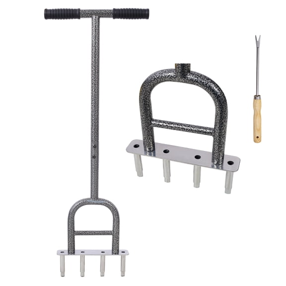 Lawn Coring Aerator, 4 Corer Plug Aerator Tool with Soft Rubber Grip, Manual Grass Aerating Tool for Loosening Soil and Improving Lawn Health, Steel Construction, Gray