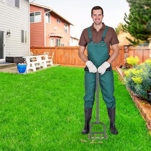 Lawn Coring Aerator, Stainless Steel 4 Corer Plug Aerator Tool with Soft Rubber Grip, Manual Grass Aerating Tool, Garden Tool & Cleaning Hand Tool for Loosening Soil and Improving Lawn Health