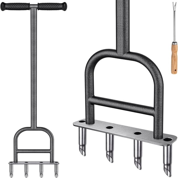 Lawn Coring Aerator, Stainless Steel 4 Corer Plug Aerator Tool with Soft Rubber Grip, Manual Grass Aerating Tool, Garden Tool & Cleaning Hand Tool for Loosening Soil and Improving Lawn Health