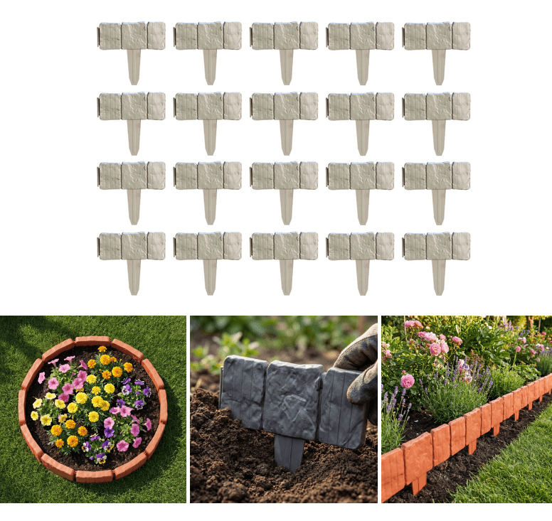 Lawn Edging Border, 20 Pcs Garden Edging PVC Interlocking Decorative Stone Look Garden Border DIY Landscape for Walkways, Yard, Flower Bed (20Pcs_Gray)