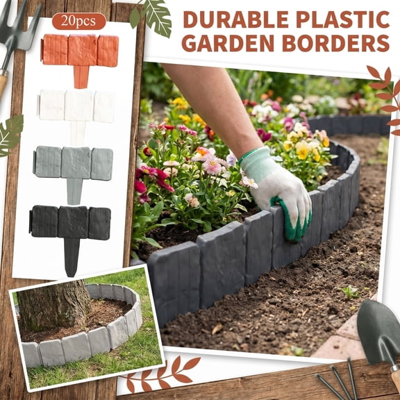 Lawn Edging and Landscape Border, Faux Stone Garden Edging Border, Flower Bed Edging Borders, Plastic Landscape Edging, 20 Pack 10X9 Inch Interlocking Plastic Fence Panels with