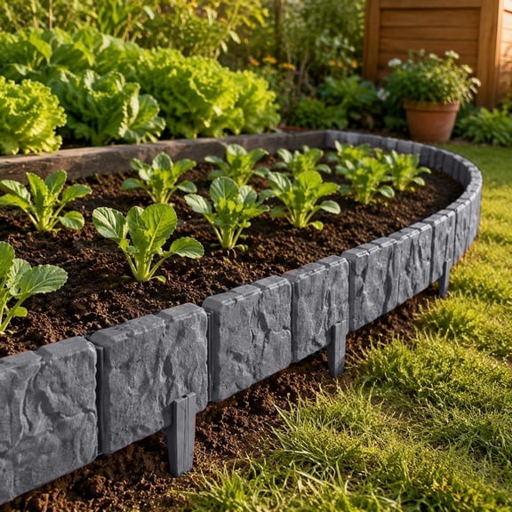 Lawn Edging and Landscape Border, Plastic Garden Edging, Imitation Stone Garden Fence, Flower Bed Edging Borders, 5-Pack 10X4 Inch No Dig Pound in Divider for Tree Surround
