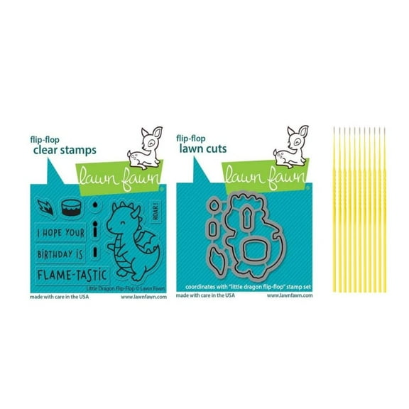 Lawn Fawn Stamp Set Bundle Little Dragon Flip-Flop Stamp Set - Photopolymer Clear Stamps with Coordinating Custom Craft Die Cuts - with Trebbies Detail Sticks