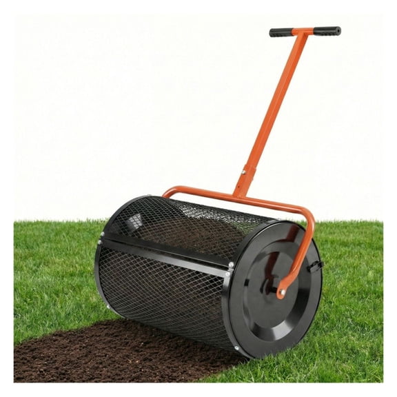 Lawn Fertilizer Spreader 27x16 Inch - Garden Compost Spreader, Heavy Duty Metal, Adjustable Handle, Mesh Clump-Free - Orange