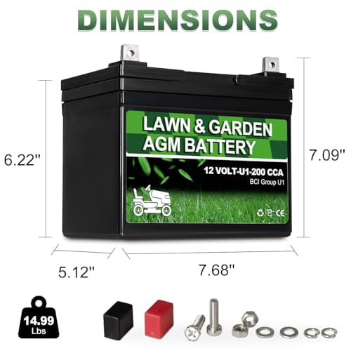 Lawn Garden AGM Battery Group U1, 12 Volt 200CCA,Rechargeable SLA Starting Battery for Lawn, Tractors and Mowers, Compatible with John Deere, Toro, Cub Cadet, and Craftsman Mower