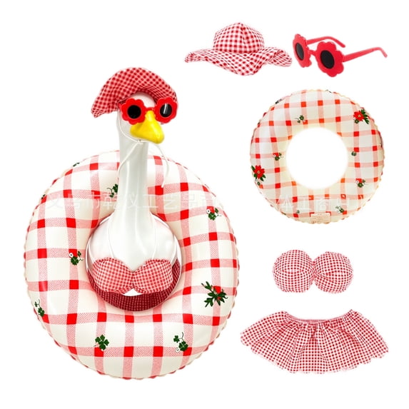 Lawn Goose Clothing, Porch Goose Bikini, 5-Piece Summer Porch Goose Outfit, Pvc Inflatable Swim Ring Set, 23X9 Inch Red Gingham Resin Goose Apparel with Sun Protection Hat and