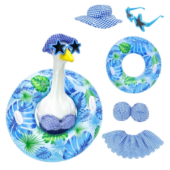 Lawn Goose Clothing, Porch Goose Bikini, Palm Leaf Print Inflatable Swim Ring, Blue Gingham Bathing Suit Set, 5-Piece Summer Statue Accessory with Sun Protection Hat, Flower Frame