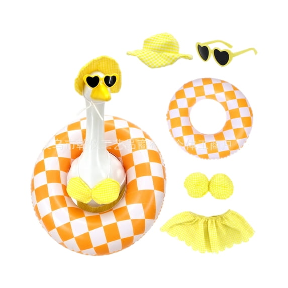 Lawn Goose Clothing, Porch Goose Bikini, Summer Porch Goose Outfit, Tropical Summer Theme Resin Goose Apparel, 5-Piece Set Includes Yellow Gingham Bathing Suit Skirt, Sun