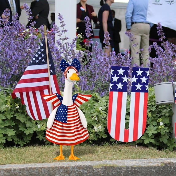 Lawn Goose Outfit, 4Th of July Goose Outfit, Patriotic Yard Art, Usa Flag Goose Decoration, 23 Inch 2-Piece Set with Star Print Bow Hat and Us Flag Striped Dress, Fits Most