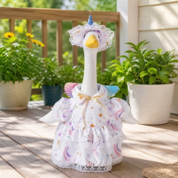 Lawn Goose, Porch Goose Dress, Pastel Design, Decorative Yard Figurine Apparel, 23 Inch 13X14 Inch 2-Piece Clothing Set with Printed Pastel Motifs Ruffled Lace Details and