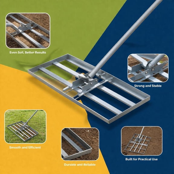 Lawn Level Tool, 30 x 10 Inch Leveling Rake Head with 69 Inch Non-slip Handle, Heavy Duty Silver Steel Construction