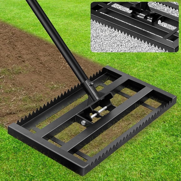 Lawn Leveling Rake 17"×10" with Serrated Edge & Smooth Plate, Heavy Duty Lawn Leveler with Adjustable Handle, Yard Leveling Rake for Soil, Sand, Golf Course & Garden Landscaping(17"×10")