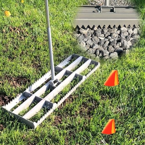 Lawn Leveling Rake, 2-IN-1 Double Side can Switch, with 20pc Marking Flags to Mark Low Spot, Stainless + Powder-Coat, FLAT Level Soil/Dirt/Compost on Lawn, SERRATED Rake Dead Grass/Gravel on Yard