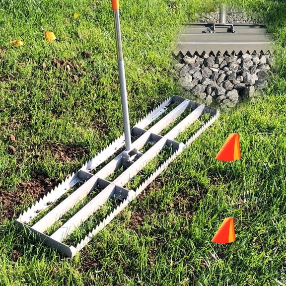 Lawn Leveling Rake, 2-in-1 Double Side can Switch, with 20pc Marking Flags to Mark Low Spot, Stainless + Powder-Coat, FLAT Soil/Dirt/Compost on Lawn, SERRATED Rake Dead Grass/Ruts/Gravel on Yard