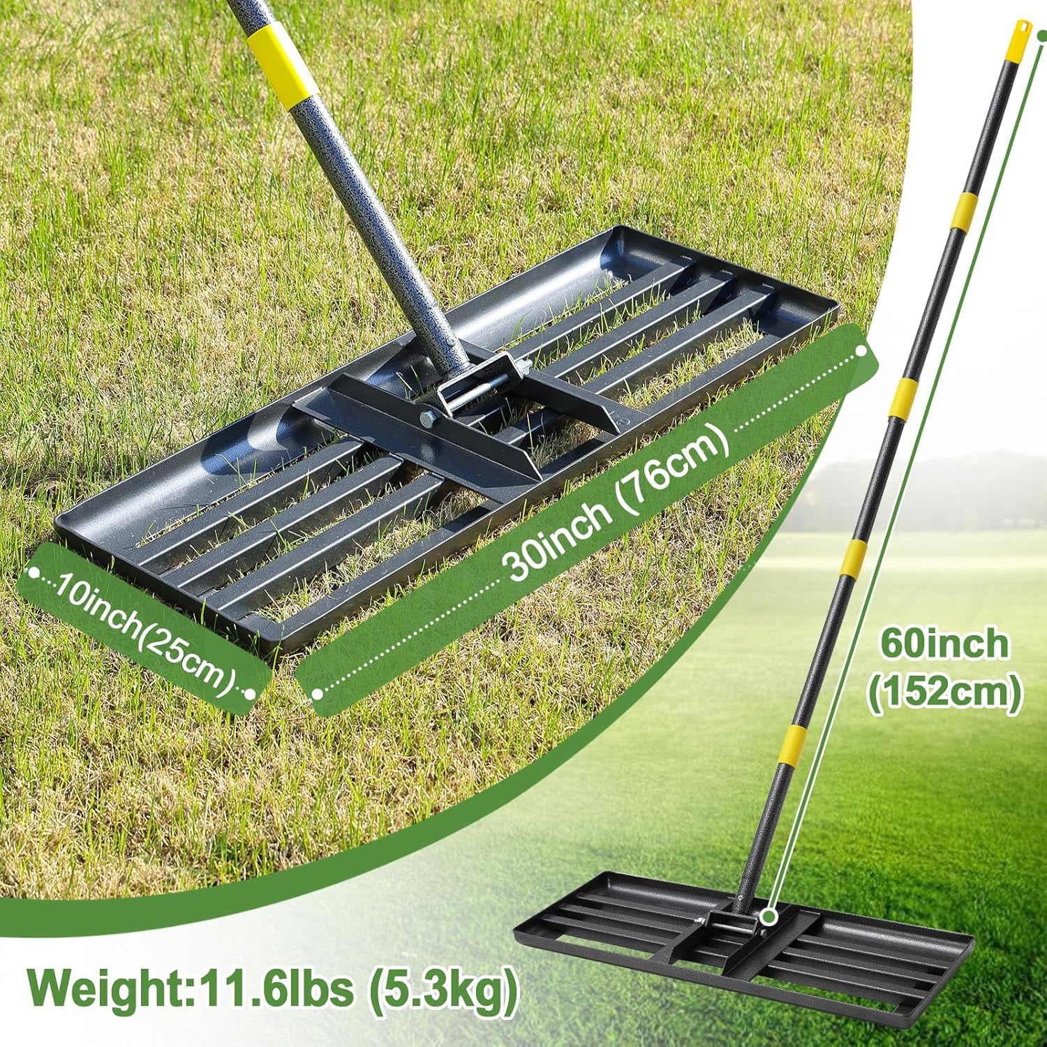 Lawn Leveling Rake, 30 Inch Heavy Duty Lawn Leveler with Adjustable Handle, Yard Soil Grass Dirt Leveling Rake Ground Level Tool (5FT)