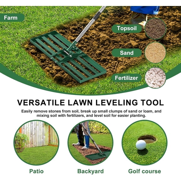 Lawn Leveling Rake, 30" x 10" Ground Plate with 6FT Adjustable Extra Long Handle Stainless Steel for Yard Garden, Heavy Duty Effort-Saving Leveling Soil Sand Spreading Dirt Top Dressing