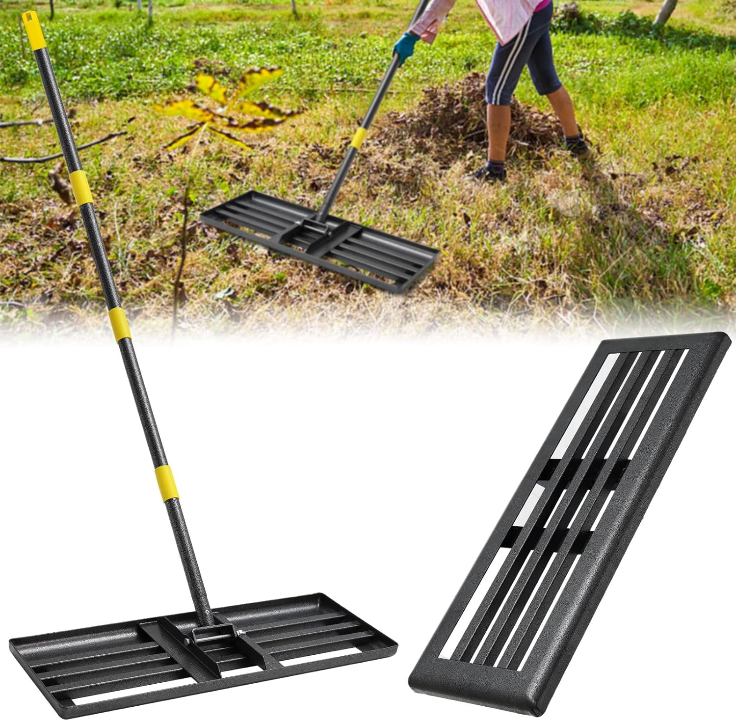 YeYeBest 27" x 10" Lawn Leveling Rake,Large Level lawn Tool, 5ft Adjustable Long Handle Level Lawn Rake for Soil Grass Golf Field