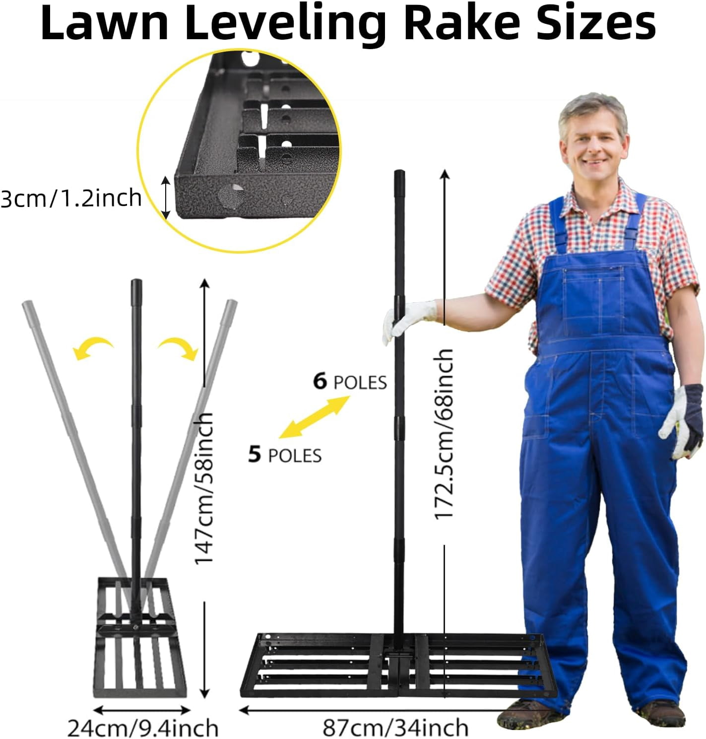 Workman Wire Rake Lawn Leveling Rake Heavy Duty Stainless Steel Landscaping Tool, 34