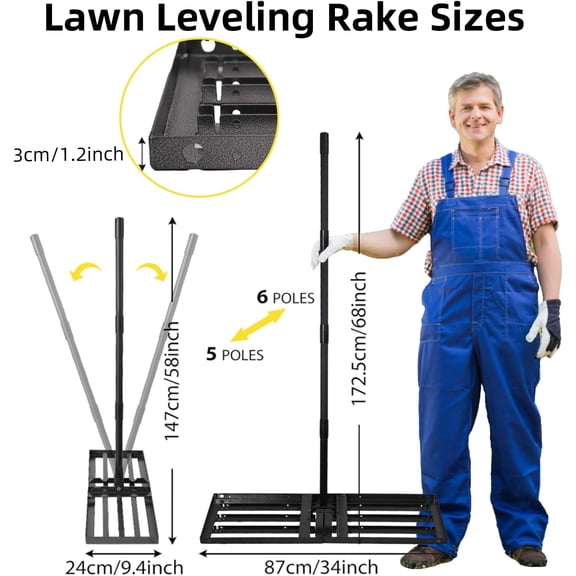 Lawn Leveling Rake Heavy Duty Stainless Steel Landscaping Tool, 34" X 9.4" Yard Leveling Rake with Sturdy Wire Rope Ideal for Backyard, Garden, Golf Course, Farm, Pasture