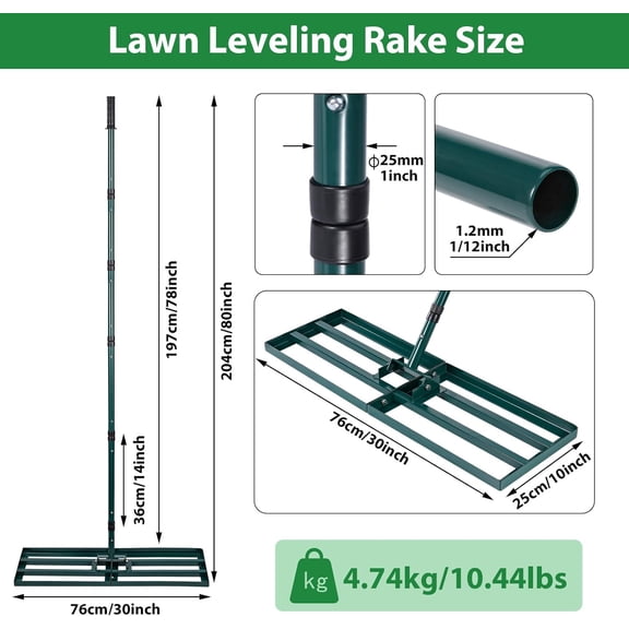 Lawn Leveling Rake,Stainless Steel Lawn Leveler with 30”x10” Ground Plate, 78” Adjustable Long Handle, Level Yard Tool for Grass, Golf Field, Level Soil or Dirt Ground Surfaces-Green