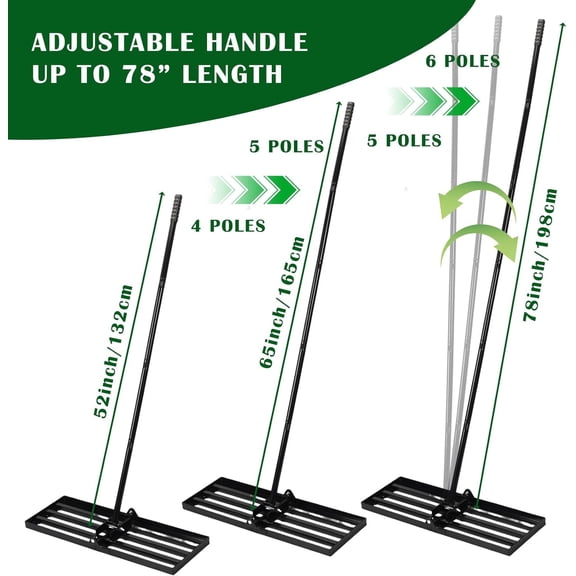 Lawn Leveling Rake, Steel Lawn Leveler with 30"x10" Ground Plate, 78" Adjustable Long Handle, Level Yard Tool for Grass, Golf Field, Level Soil or Dirt Ground, Black